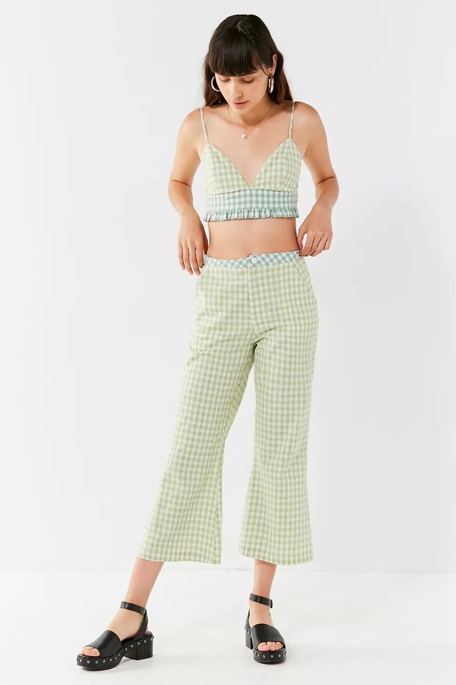 URBAN OUTFITTERS UO Leanna Gingham Cropped Flare Pant Green 100% Cotton Sz Small